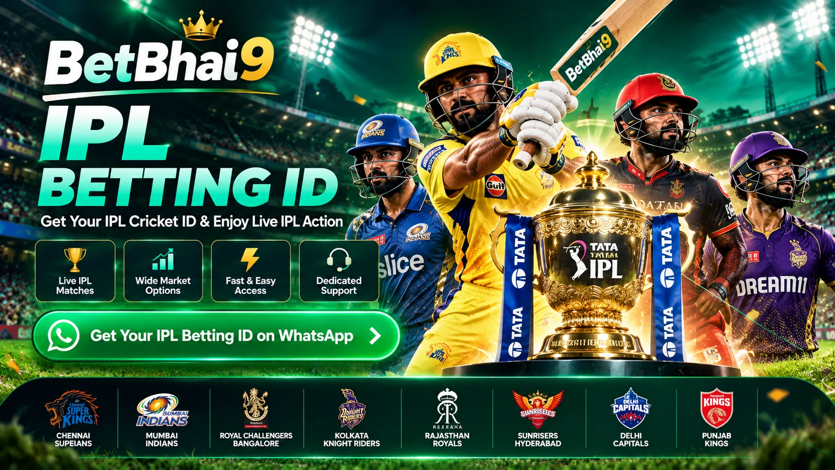 BetBhai9 IPL Betting ID banner featuring illustrated cricket players and an IPL trophy